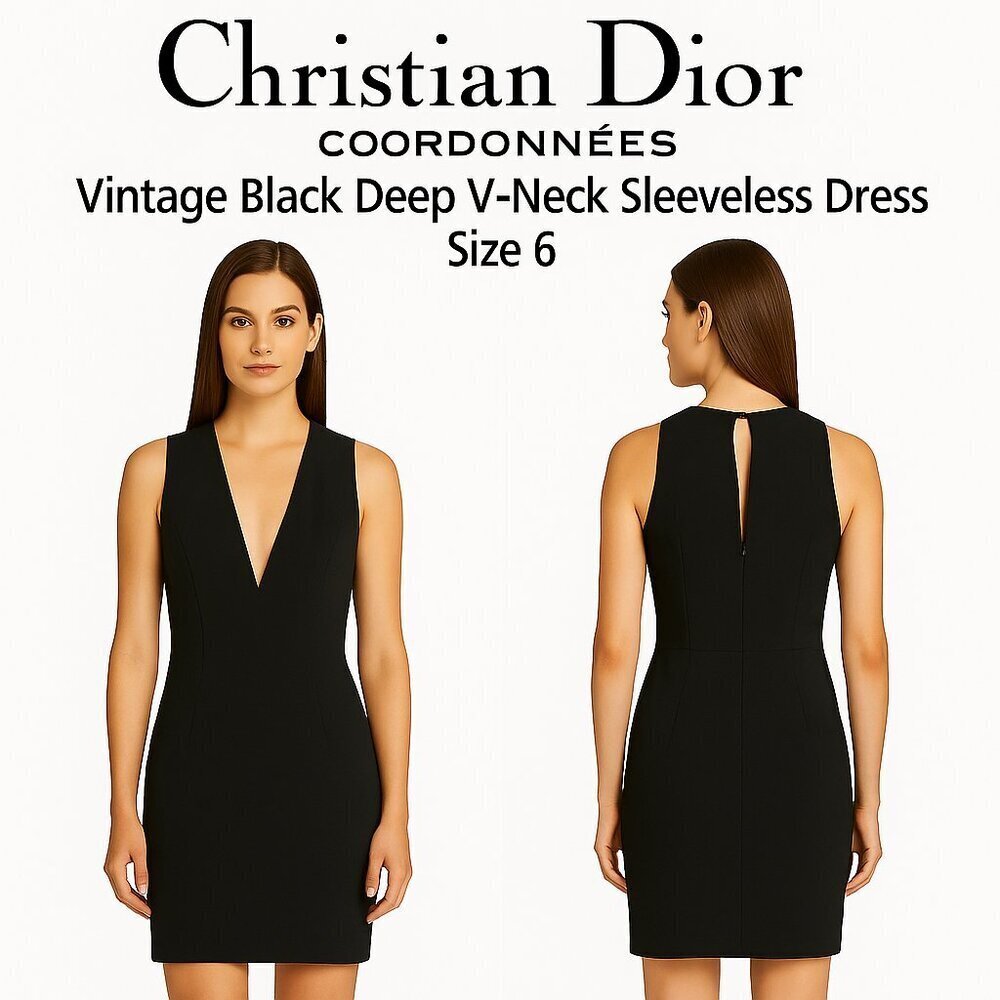 Christian Dior Coordonnées Vintage Black Deep V-Neck Sleeveless Dress – Size 6